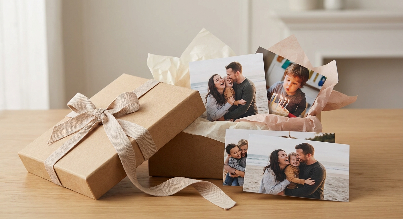 Photo prints being wrapped as a gift