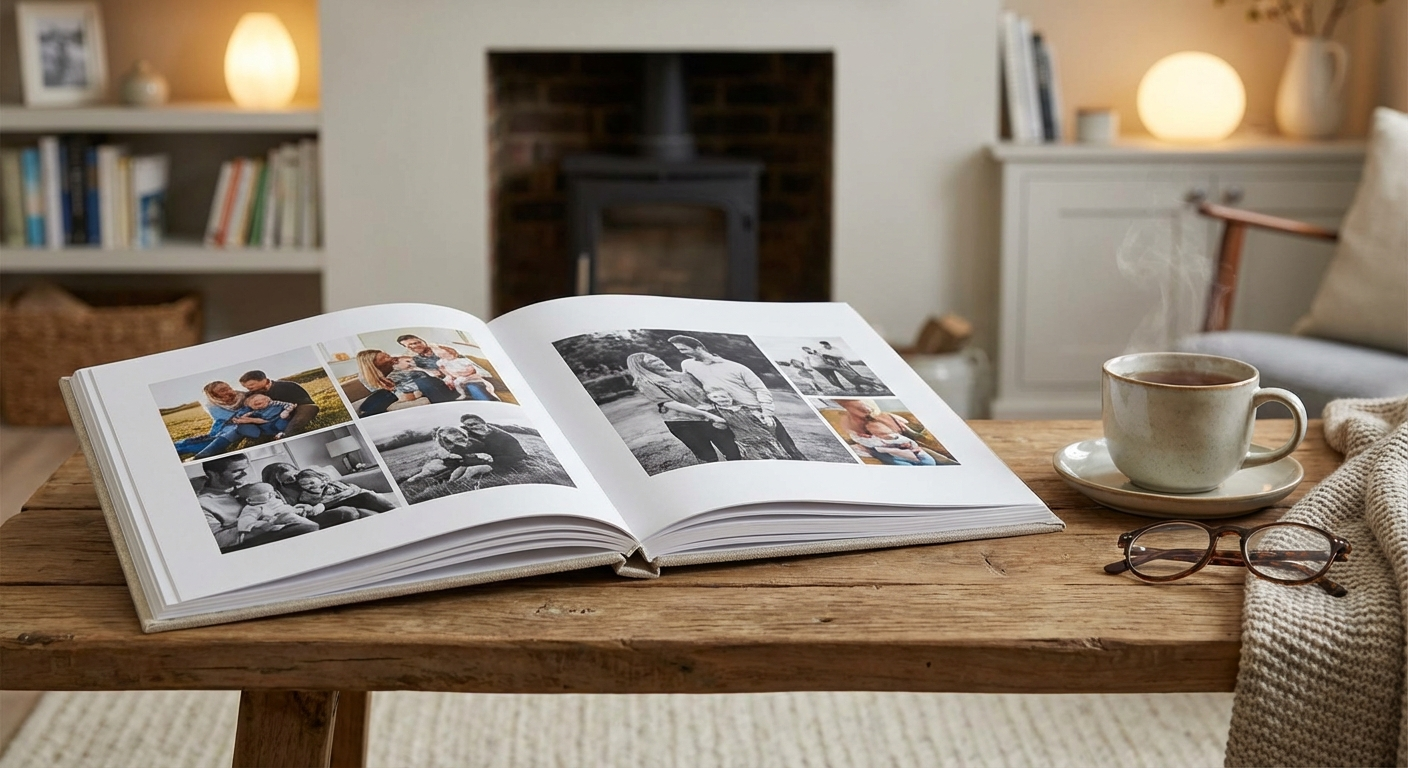 Photo book open on a table